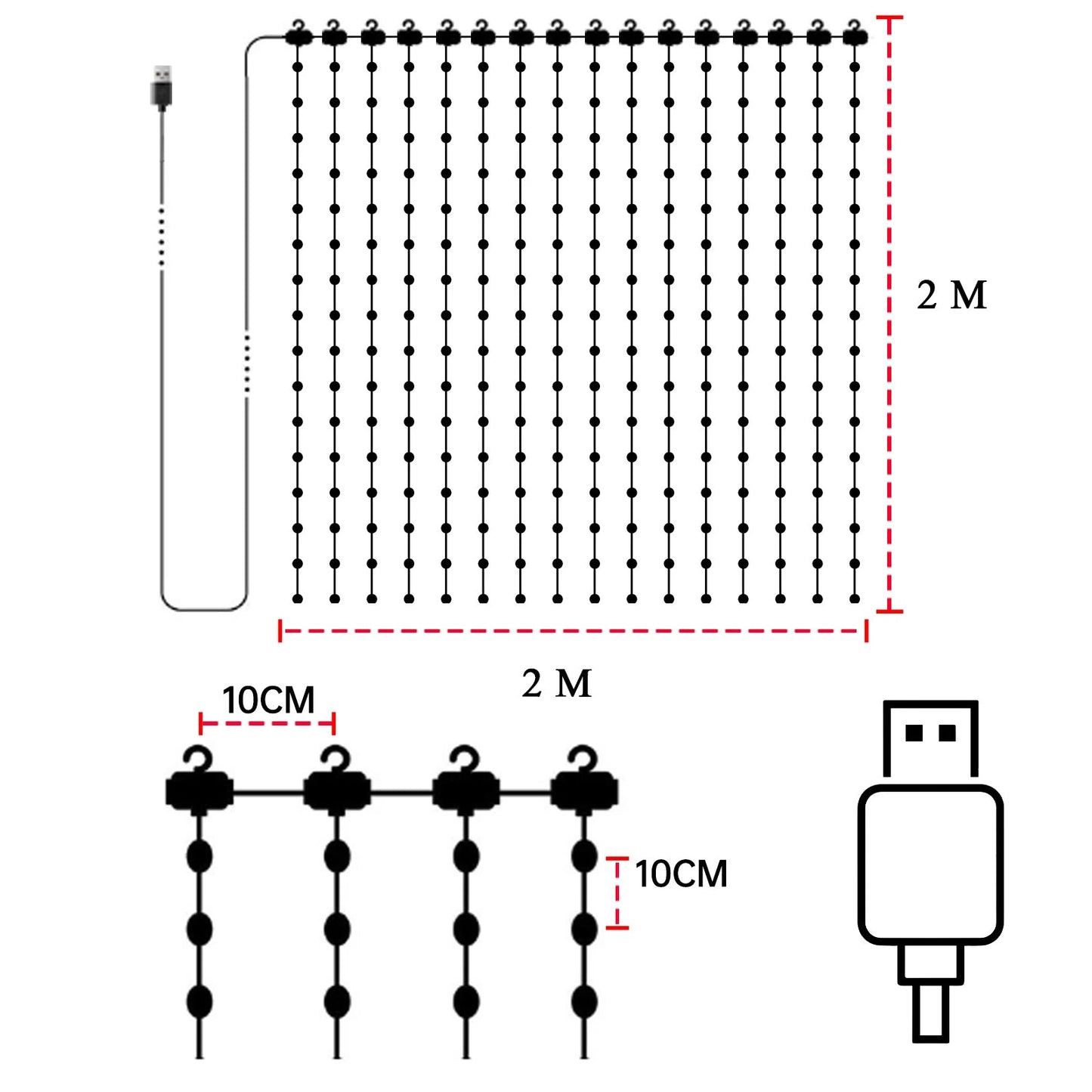 GlowCurtain 2m x 2m LED curtain light with USB connection for easy portability.