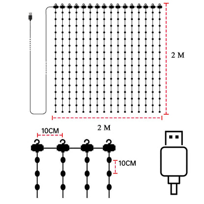 GlowCurtain 2m x 2m LED curtain light with USB connection for easy portability.