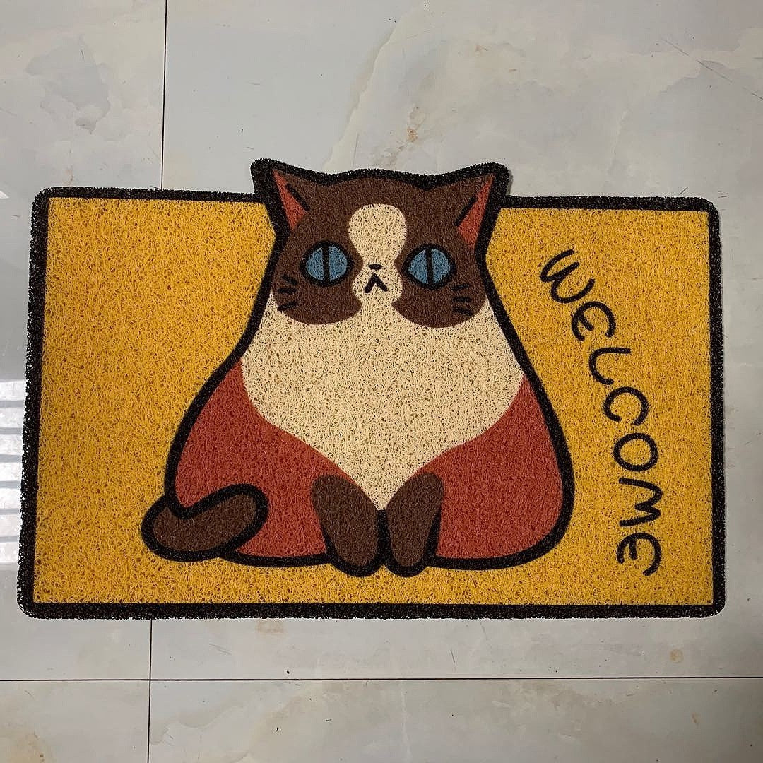 Cute cartoon Siamese cat design on a colorful carpet, perfect for cat lovers and adding a lively touch to home decor.