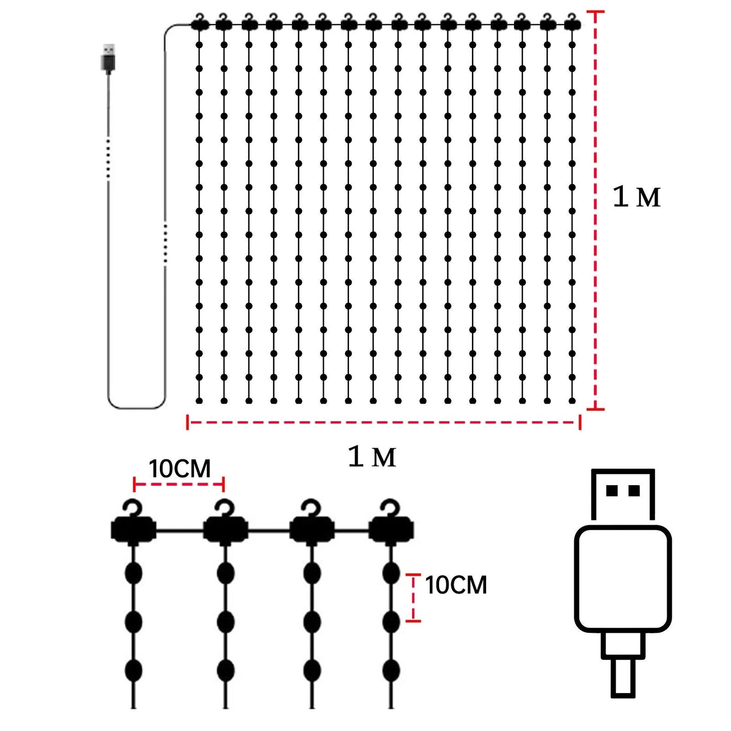 GlowCurtain 1m x 1m LED lights with USB connection, ideal for portable use.