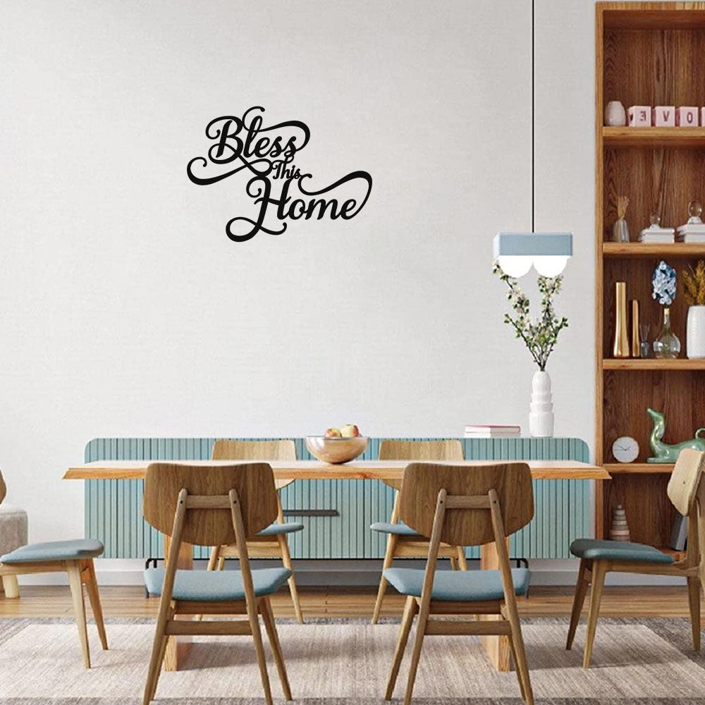 Sleek 'Bless This Home' wall decoration in iron for modern interiors.