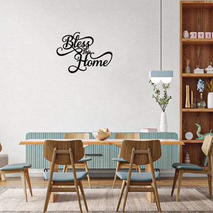 Sleek 'Bless This Home' wall decoration in iron for modern interiors.