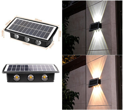 Eco-friendly solar outdoor wall lights, providing energy-saving, bright lighting for gardens, patios, and outdoor spaces.