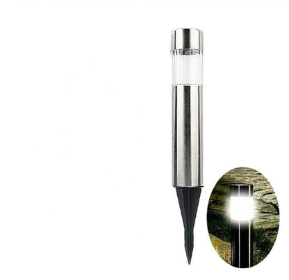 Cylindrical solar garden light with LED, perfect for outdoor paths and lawns.