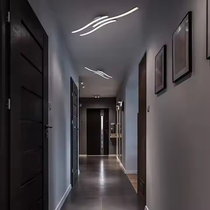 Multiple modern ceiling lamps in a hallway.