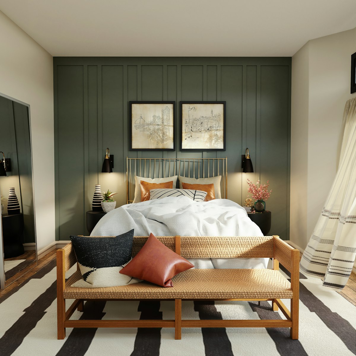 Bedroom with a wooden bed frame, white linen and bedside lighting