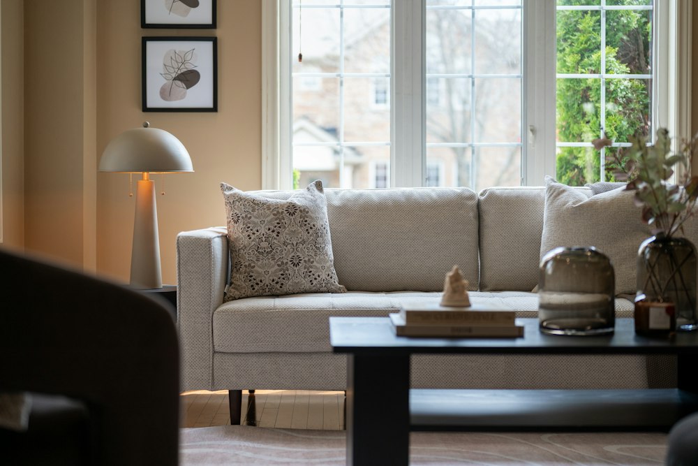 Bright living room with a sofa and low coffee table
