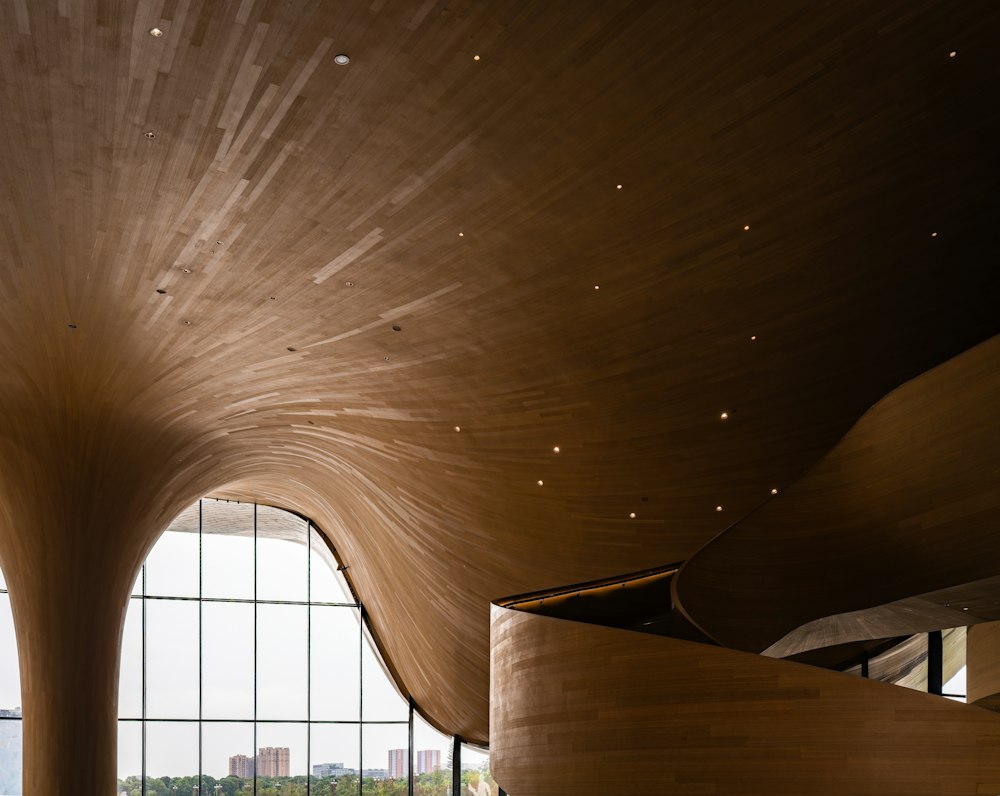 Interior with curved timber architectural elements
