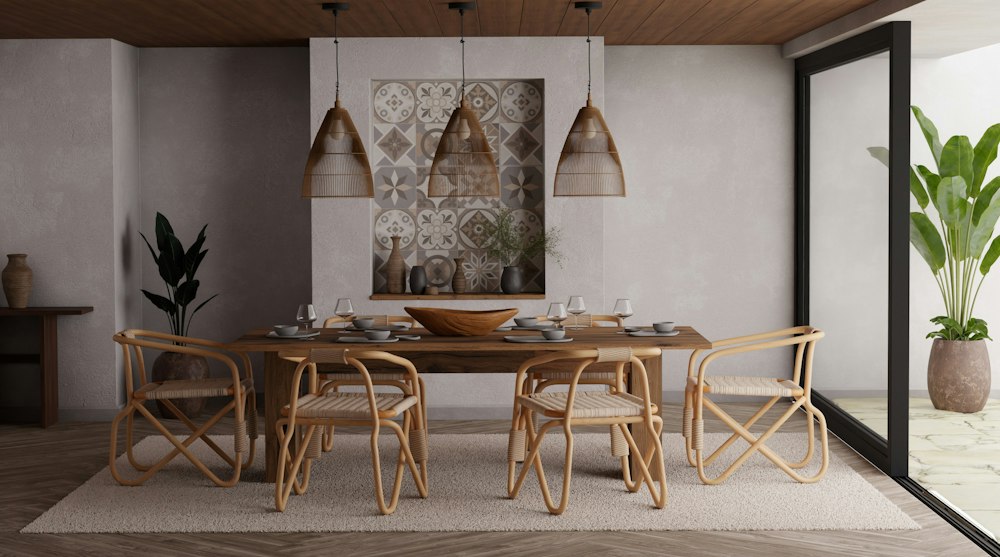 Dining room with a solid wood table and woven-back dining chairs