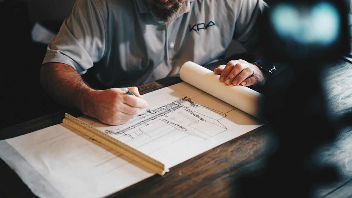 Designer drafting a plan by hand with a pencil and ruler