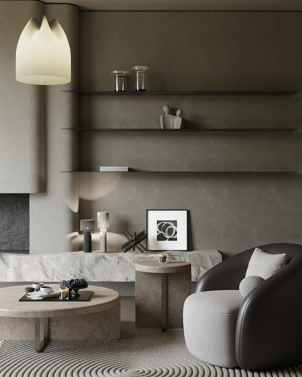 Minimal grey living room with layered shelving and framed abstract art