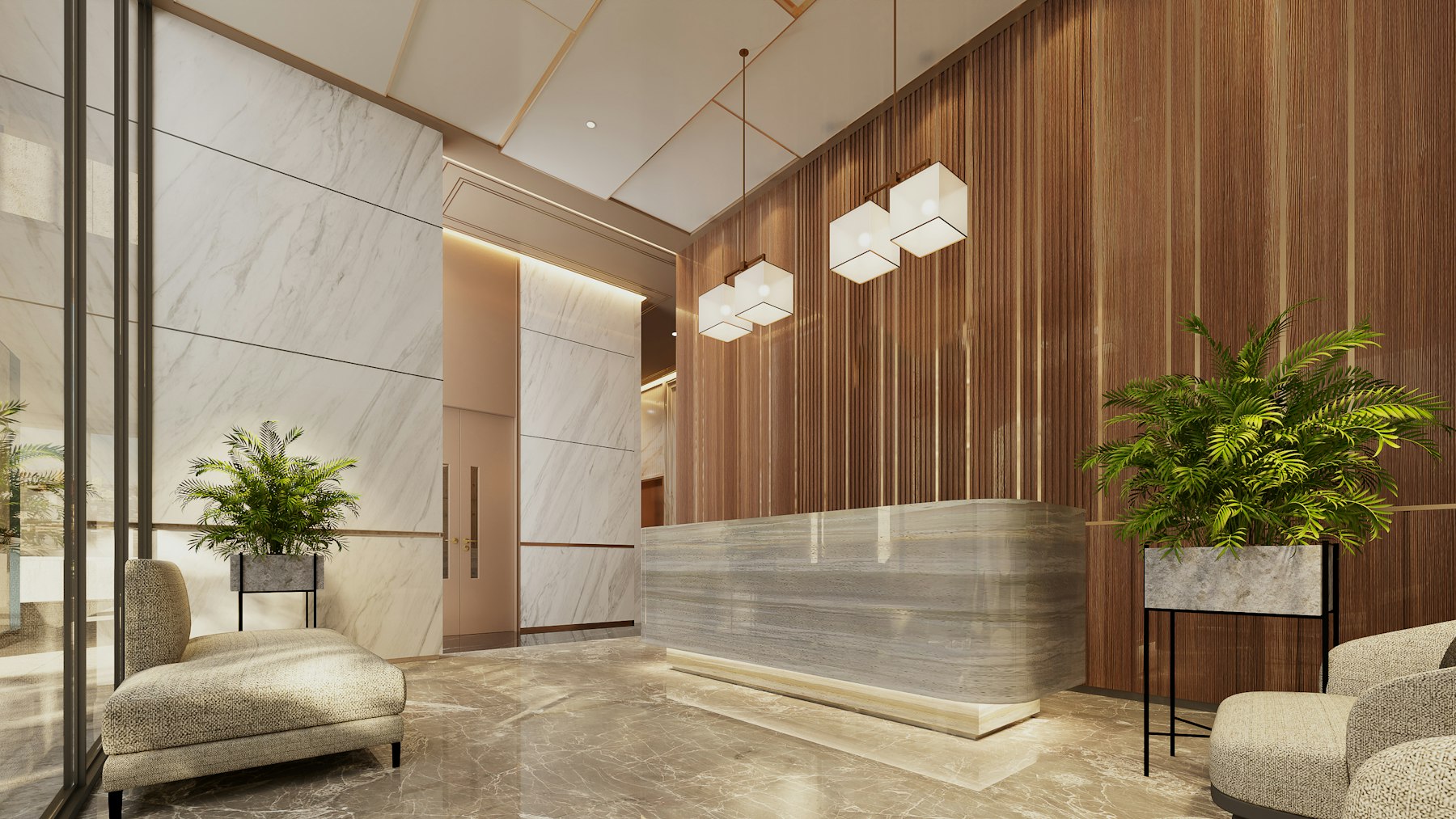 Reception area with a marble desk, warm lighting and plants
