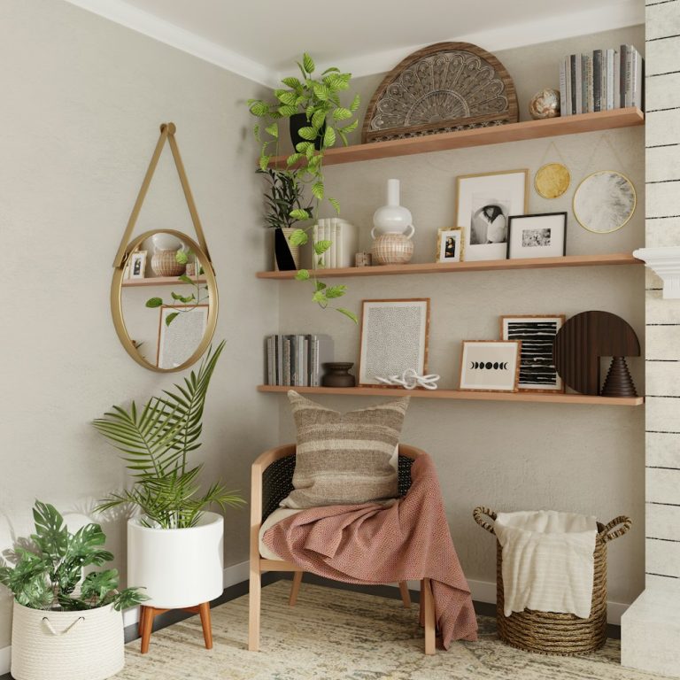 White shelf styled with books, ceramics and small objects