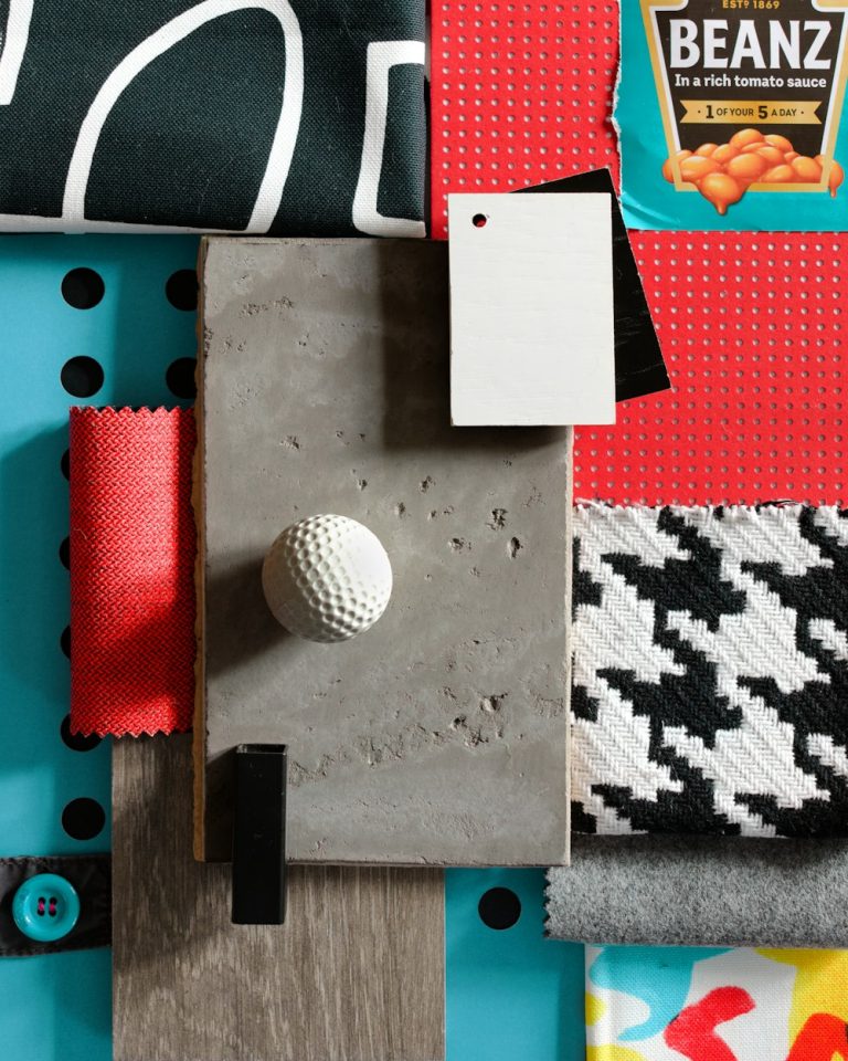 Table covered with different fabric textures and samples