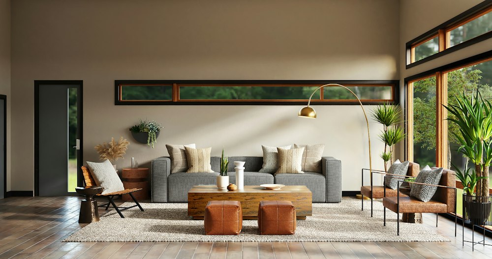 Living room with white and brown furniture and a low table