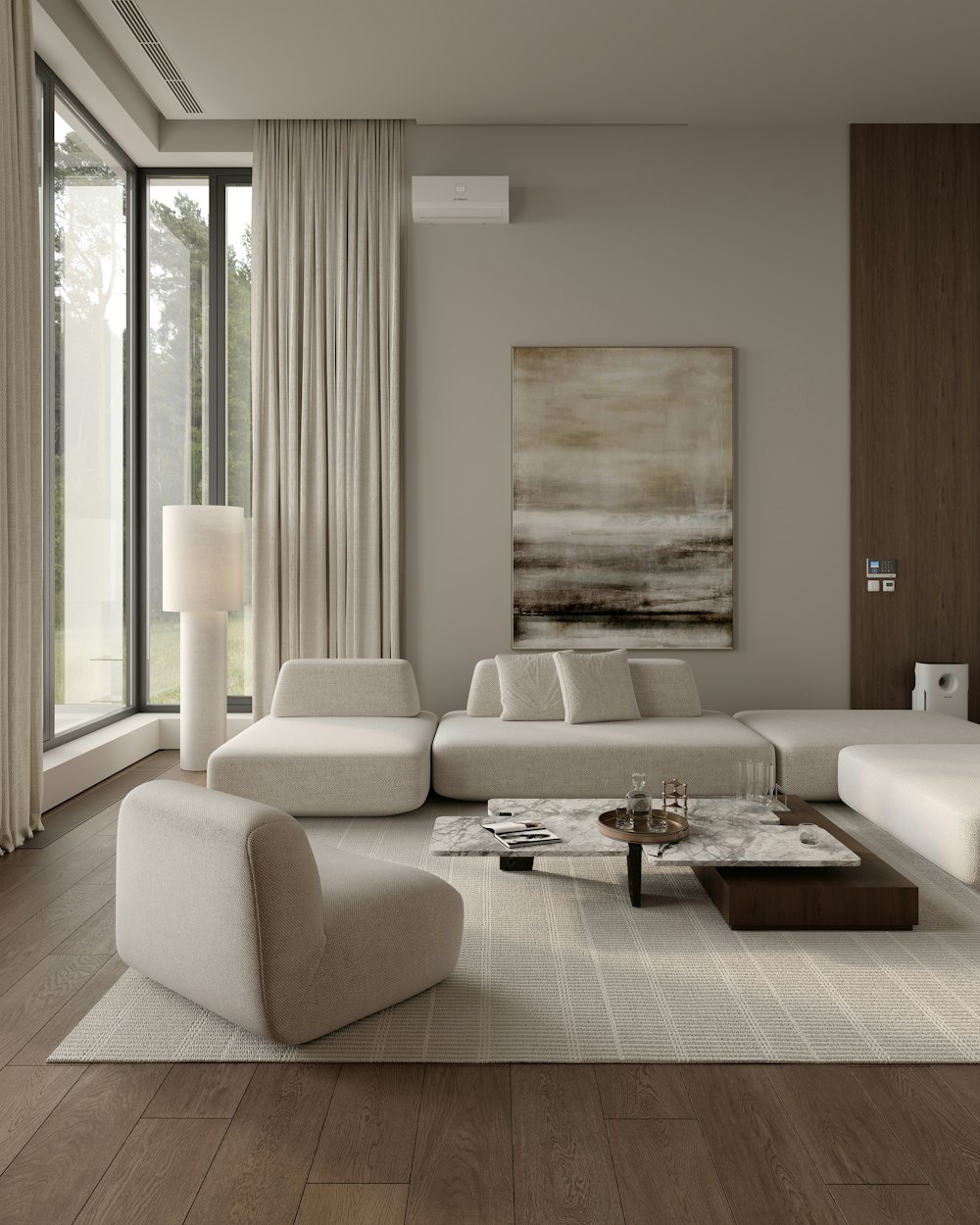 White living room with a large window and abstract painting
